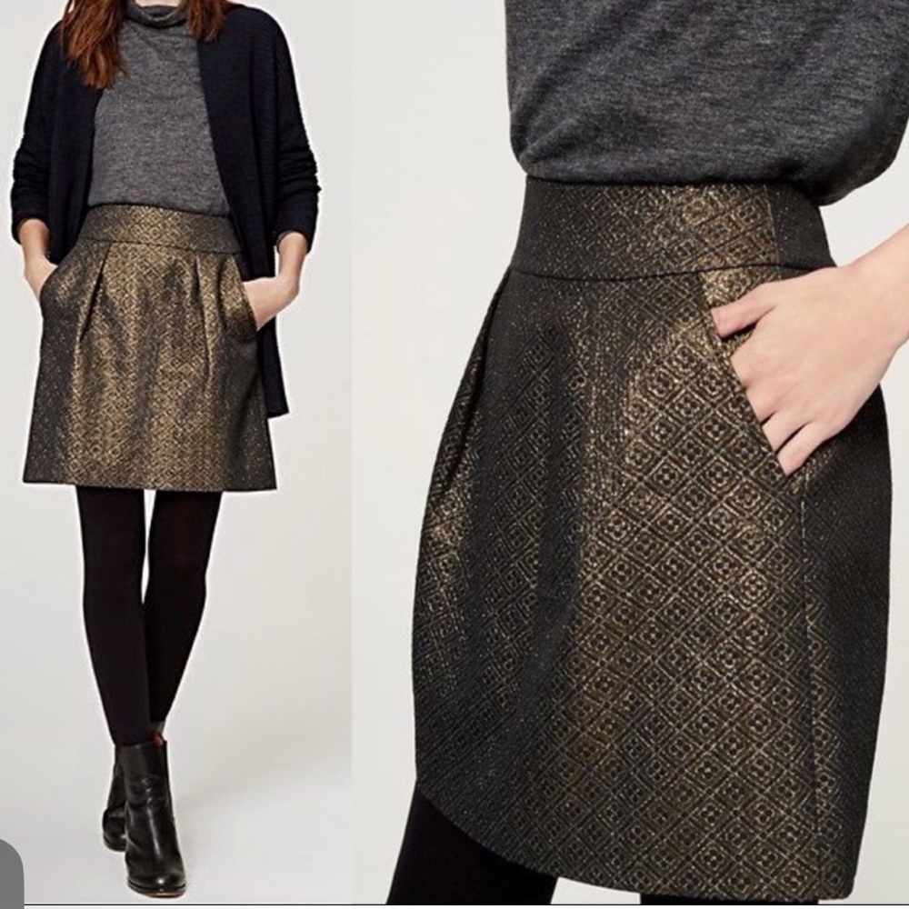 Loft metallic jacquard shift skirt - black with blue & gold stitching, size 4P.